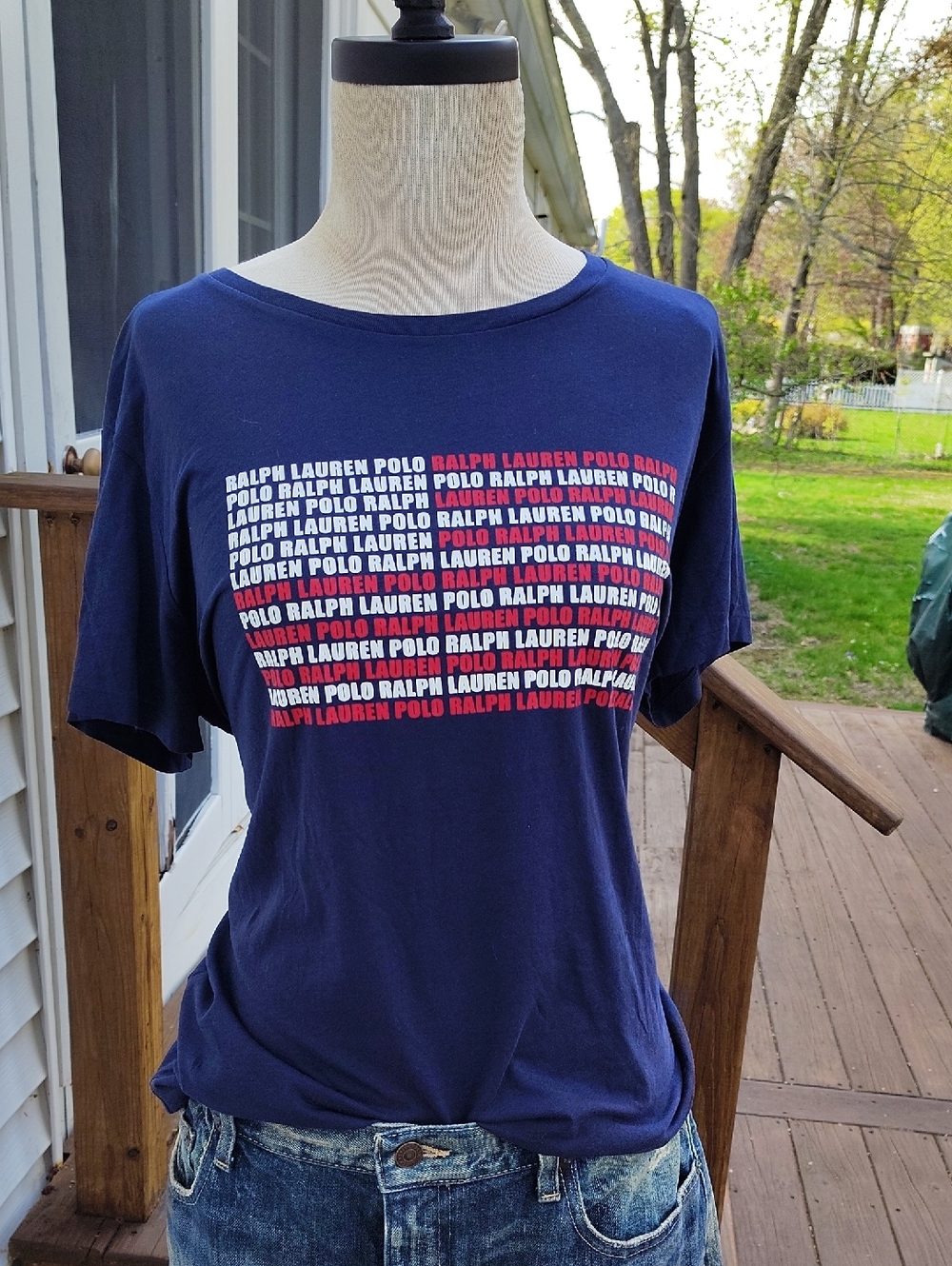 Ralph Lauren Navy Tee with Red and White Repeat Logo